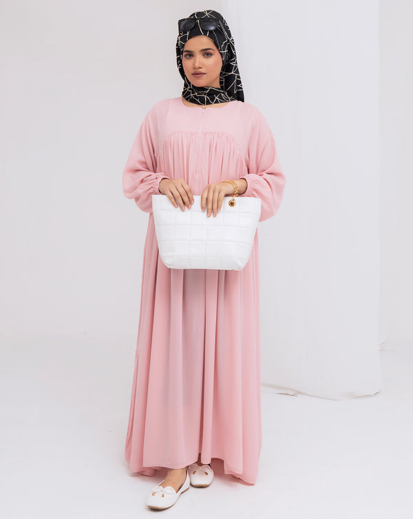 Charming Baby Pink Abaya – Front Open Half Zip