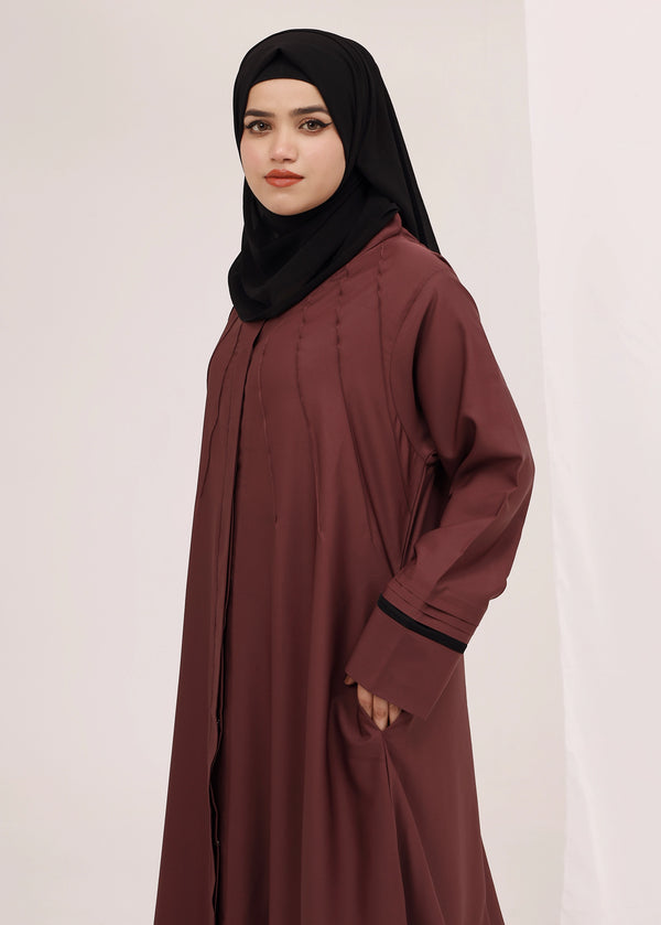 Congo Brown Abaya – Front Open with Black Piping Cuffs
