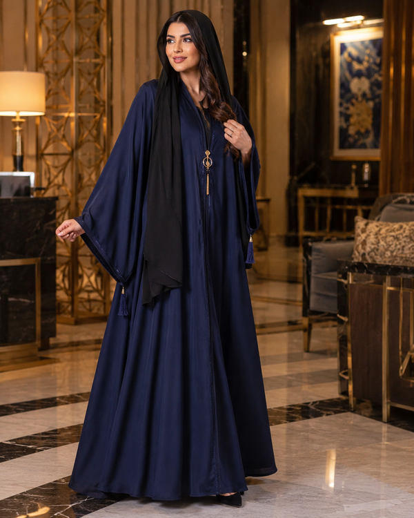 Frock Style Dark Blue Abaya with Lace Detail - Fatma Abaya