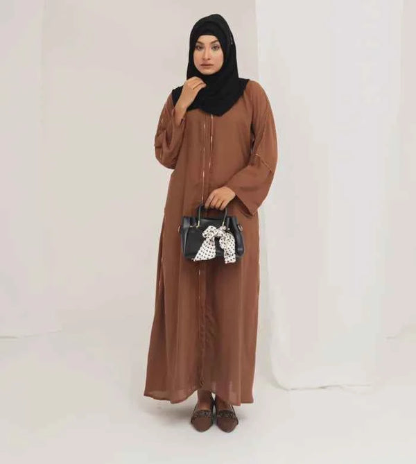 Deep Coffee Abaya – Front-Open with Printed Piping